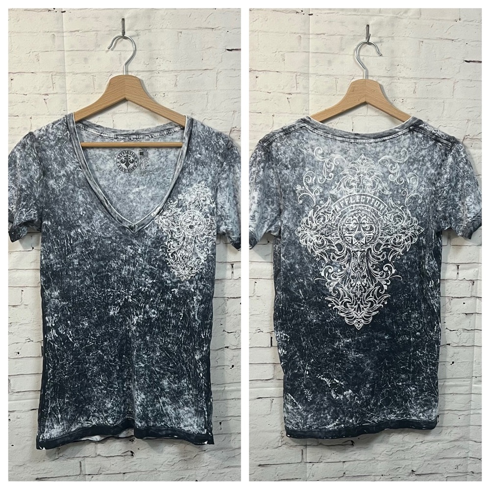Y2K Women Medium AFFLICTION Fitted Tee Shirt Cross Black Burnout V Neck